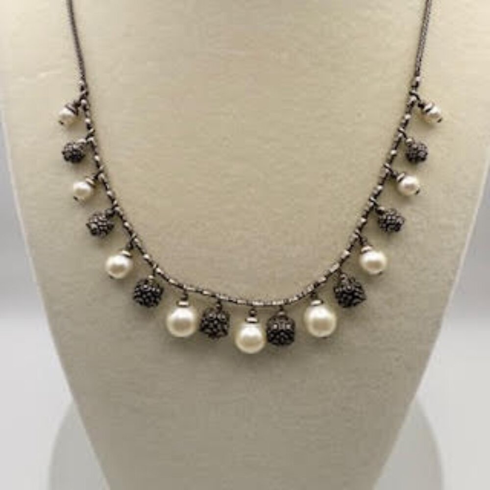 Brighton Silver Tone Pearl Bead Charm Necklace Heart Clasp Adjustable